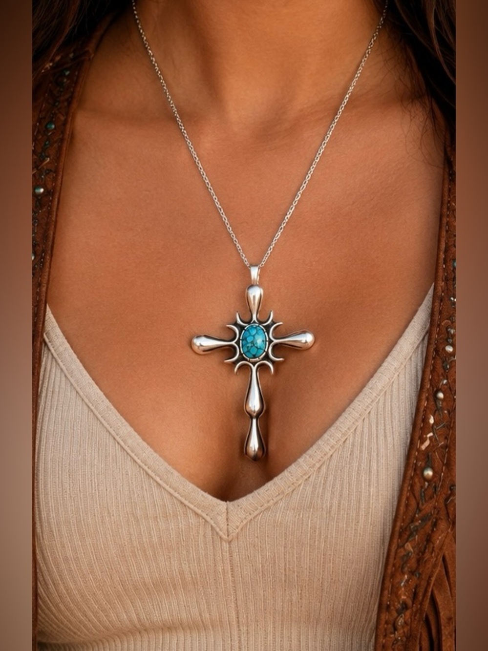 Native American Sterling Silver Turquoise Cross Enhancer Pendant Pin Necklace